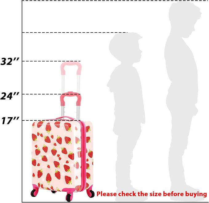 Sanwuta 4 Pcs Kids Luggage Set Rolling Suitcase Backpack U-shaped Pillow Kids Carry On Gift for Summer Travel Family Trip(17 Inch,Strawberry Style,Light Pink)