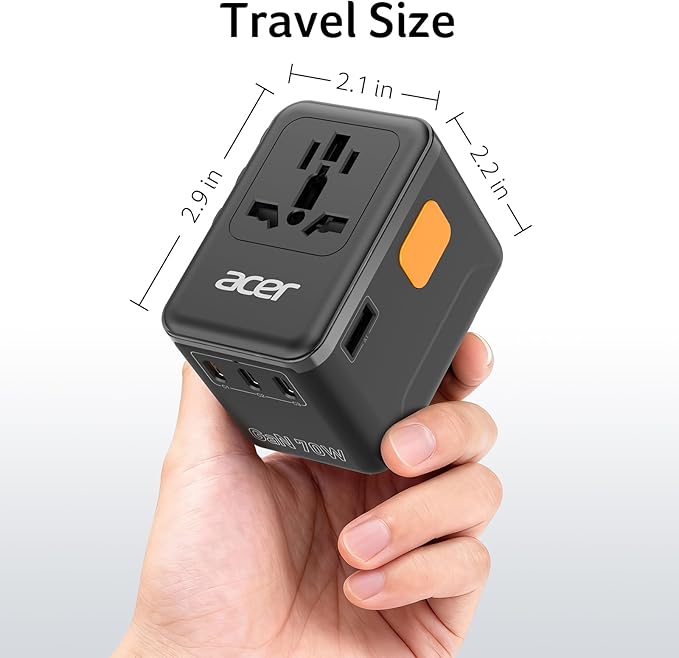Acer 70W GaN Universal Travel Plug Adapter - International Power Adapter with 3 USB C & 1 USB A, Worldwide Power Outlet Travel Essentials for USA to European UK AUS Ireland, Type C/G/I/A, Black