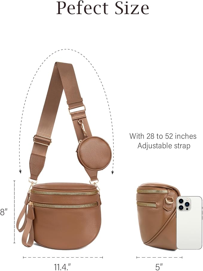 Valentoria Large Leather Crossbody Bags for Women Bum Bag Sling Bag Purse With Adjustable Strap Detachable Wallets Trendy Fashion Must Haves Cross body Bag (Coffee)