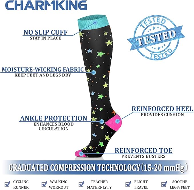 CHARMKING 6 Pairs-Compression Socks for Women & Men Circulation Best Support for Nurses, Running, Athletic,Flight Travel