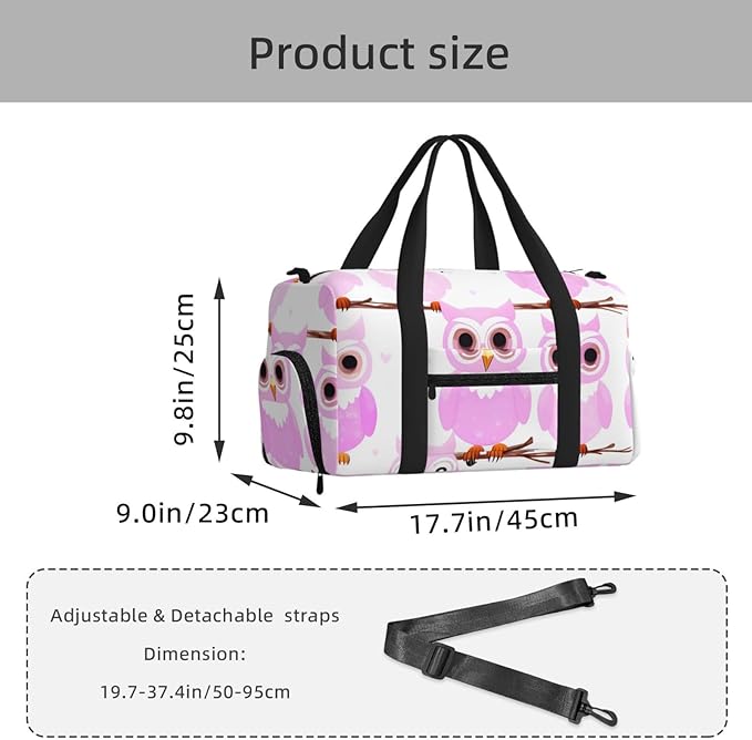 Cute owl Print Gym Bag with Shoe Compartment for Women Men, 17.7in Sports Duffle Weekender Tote, Overnight Travel Duffel Bag Carry On