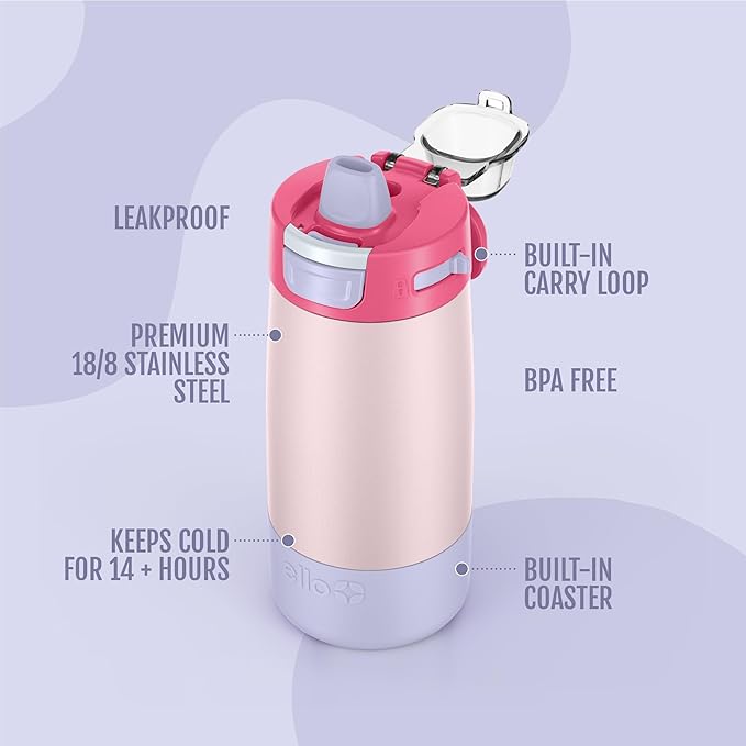 Ello Kids Colby 12oz Stainless Steel Insulated Water Bottle with Straw and Built-In Silicone Coaster Carrying Handle and Leak-Proof Locking Lid for School Backpack, Lunchbox, and Outdoor Sports