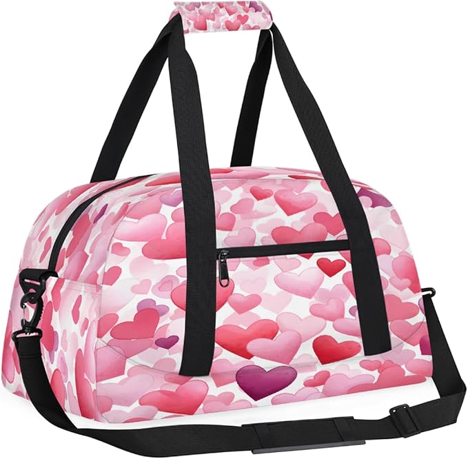 Travel Duffle Bag, Pink Watercolor Heart Pattern Waterproof Weekender Overnight Bags for Women Men Lightweight Carry on Duffle Gym Bag for Travel, Sports, Fitness, Workout