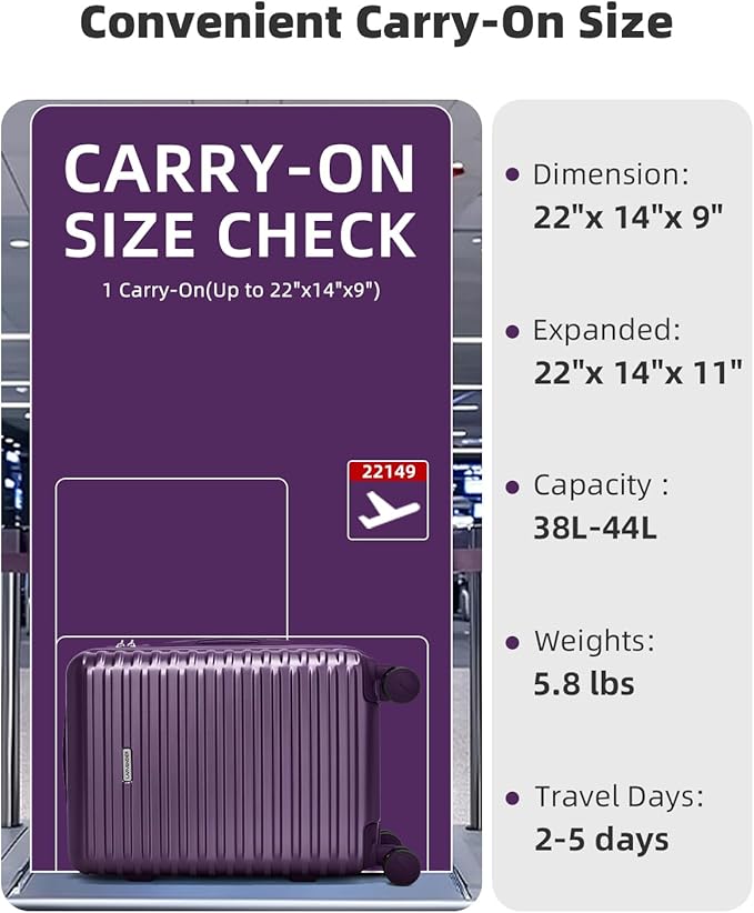 LARVENDER Carry on Luggage 22x14x9 Airline Approved, 20 Inch Hardside Suitcase with Wheels TSA Lock, PC+ABS Lightweight Carry on Suitcases for Women and Men, Purple (20/DB/TB)