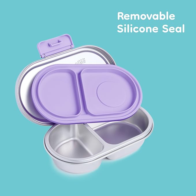 Good Bare Stainless Steel Snack Container for Kids – 2 Compartment Metal Bento Box, Leakproof, Non-Toxic, Easy-Open Latch, Dishwasher Safe, Small Snack Pack, Perfect for On-the-Go (Lavender Mist)