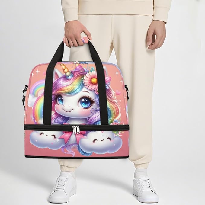 Rainbow Animal Unicorn Pink Large Weekender Bag with Shoe Compartment Travel Duffel Bags for Women Carry On Hospital Overnight Bag Foldable Personal Item Travel Bags Tote Gym Sports Airplanes