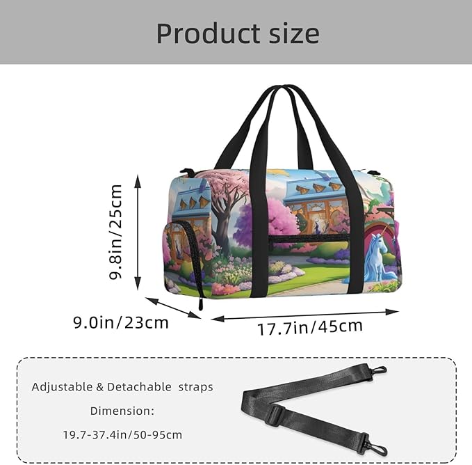 Unicorn Fairy Tale Print Gym Bag with Shoe Compartment for Women Men, 17.7in Sports Duffle Weekender Tote, Overnight Travel Duffel Bag Carry On