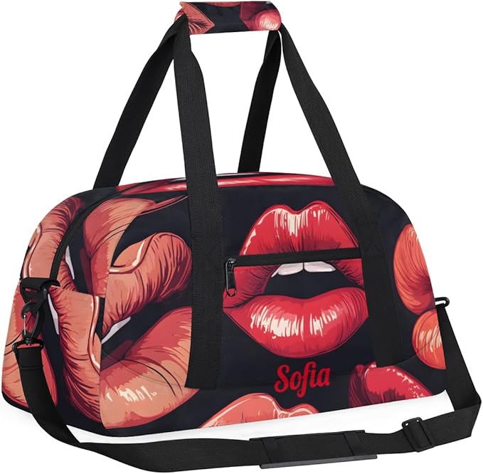 Custom Name Sexy Red Lips Girl Gym Travel Duffle Bag with Front Zipper Pocket Personalizedfor Sports Bag for Overnight, Weekender, Carry On,Workout & Dance, 18.9 * 8.7 * 10.6 in