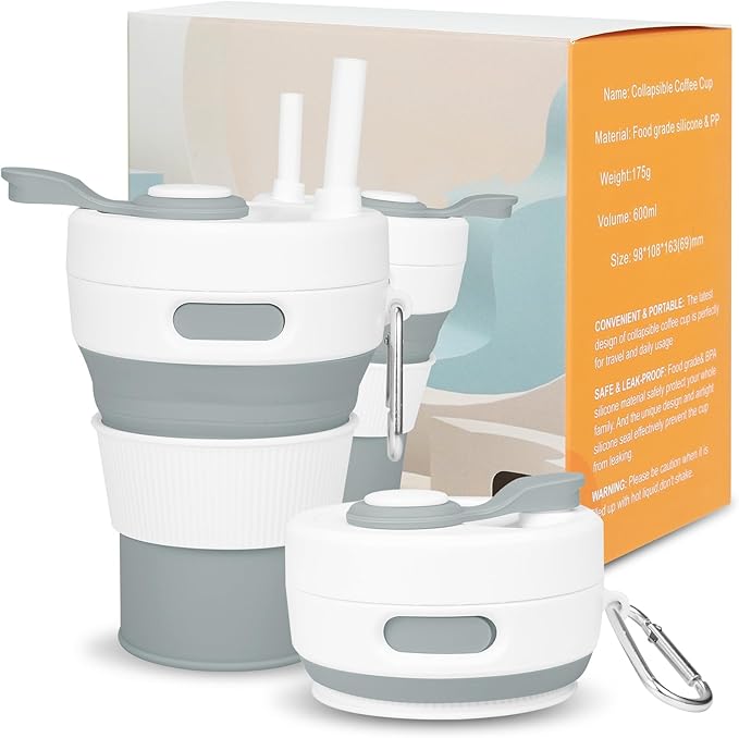 Collapsible Travel Cup - Cashmere Gray,16oz/450ml，Leak-Proof Reusable To-Go Pocket Size Silicone Bottle for Hot & Cold Drinks - Camping & Hiking - Dishwasher Safe- Straw included