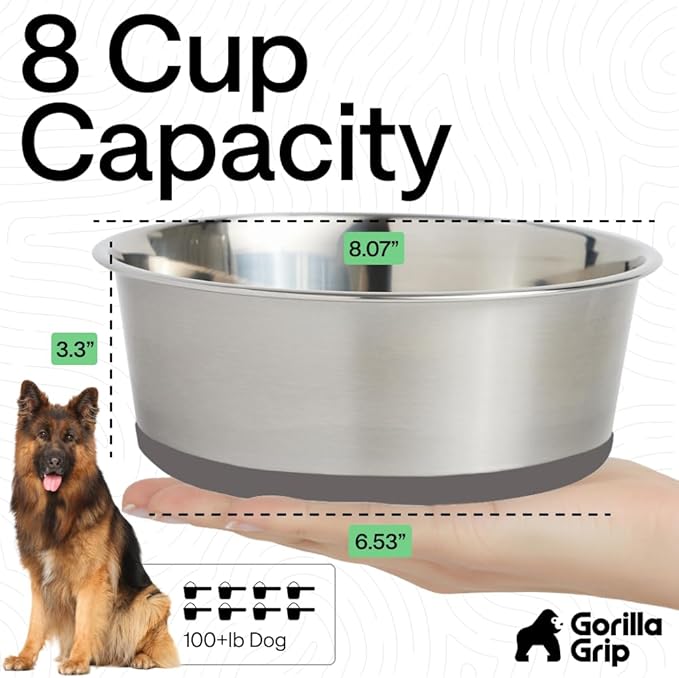 GORILLA GRIP Dog Bowls, Heavy Duty 304 Stainless Steel, Holds 8 Cups Each (64 fl oz) Food and Water Bowl for Feeding Dogs and Cats, Dishwasher Safe, Rust Resistant, BPA Free Rubber Base Set of 2 Gray