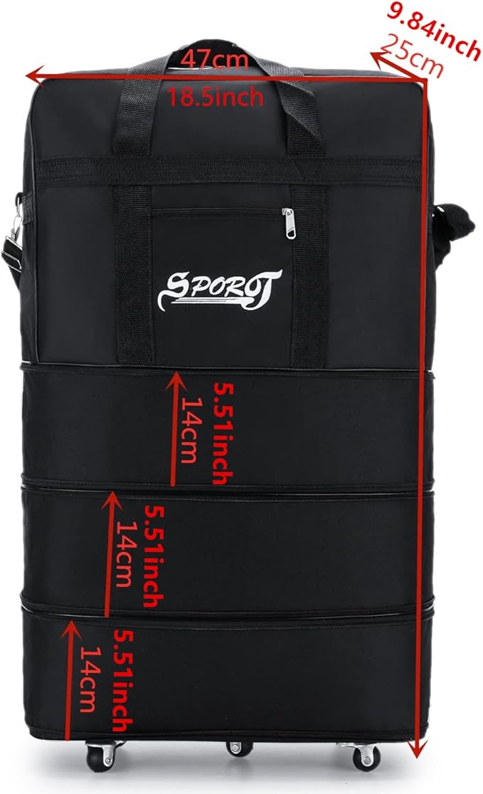M Size Expandable Travel Oxford Duffel Bag with Wheels Waterproof Lightweight Traveling Foldable Suitcase (Black)