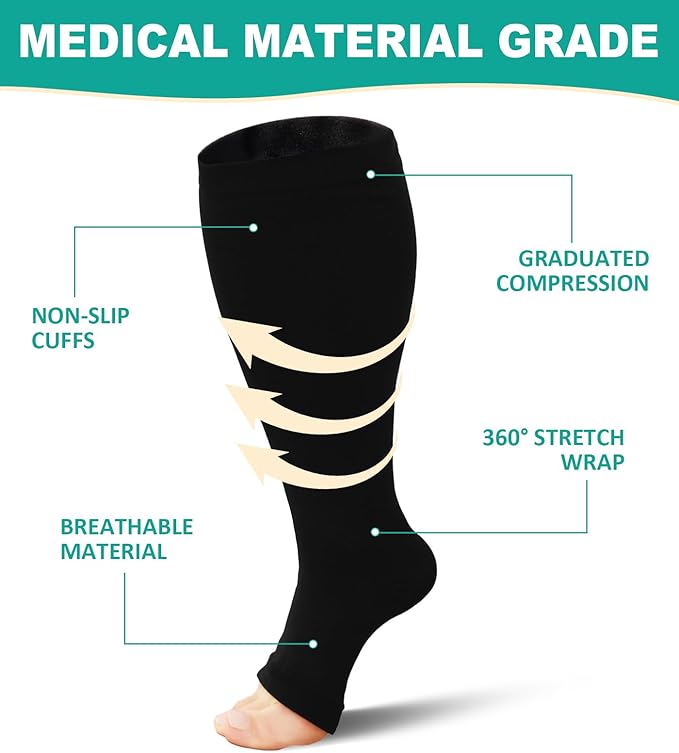 Plus Size Compression Socks: Wide Calf Toeless Stockings for Men Women - Open Toe 20-30 mmHg Compression Hose Support for Travel Nurses