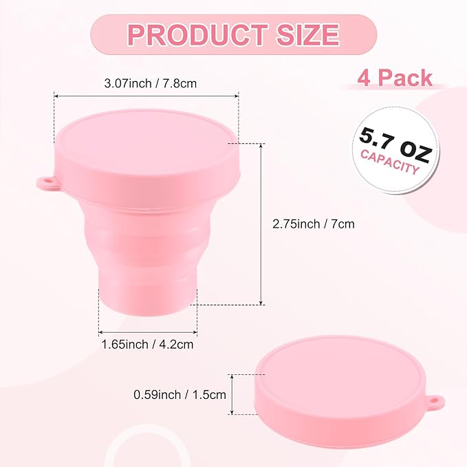 4 Pack Collapsible Travel Cup, 5.7oz(170ml) Silicone Portable Foldable Water Cup Bottle for Travel/Camping/Hiking, Reusable [Pink]