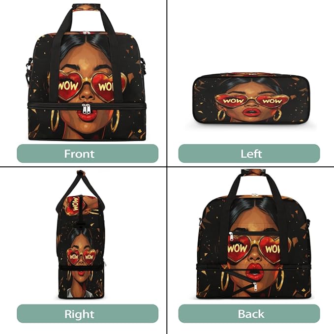 Foldable Travel Duffel Bag for Women - Carry on Personal Item Bag with Shoes Compartment, Weekender Overnight Duffle Bags Sport Tote Gym Luggage for Airplanes(Black Women Wow)