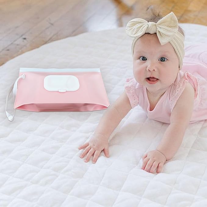 Baby wipes dispenser，portable baby wipes holder for outdoor, Refillable baby wipes container, on the go wet wipe pouch for travel, resuable wipes dispenser for hiking (Pale Pink)