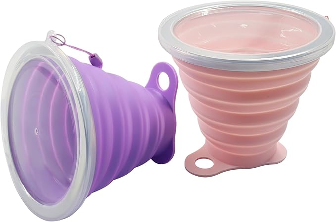 2 Pack Silicone Collapsible Cups for Camping Traveling, Small Portable Foldable Drinking Cup with Lid for Outdoor Hiking (270ml, Pink/Purple)