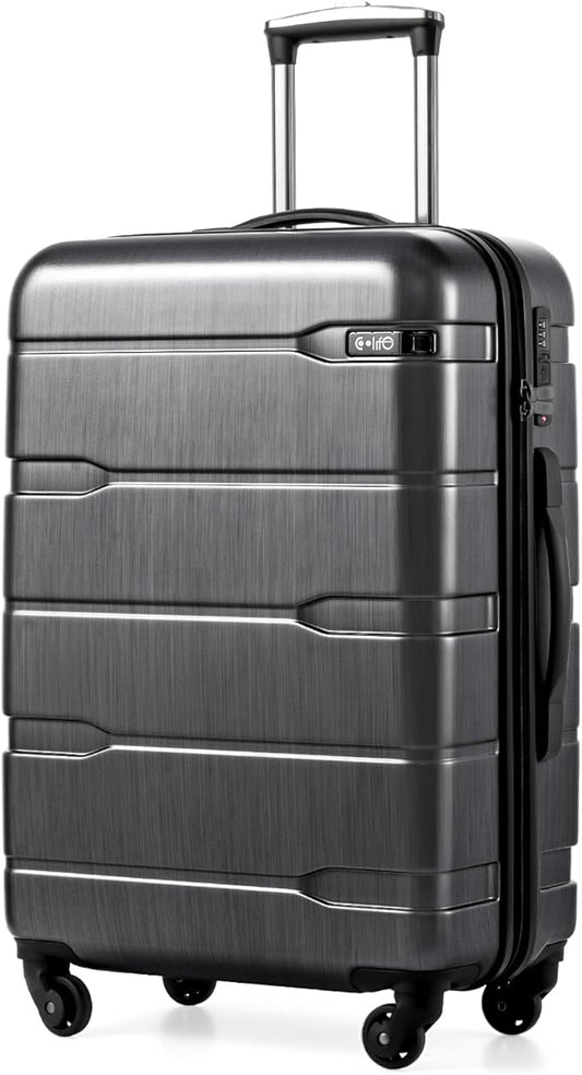 Coolife Medium Checked Luggage Hardside PC+ABS Suitcase with TSA Lock, Lightweight Rolling Carry On with Spinner Wheels(Charcoal, 24in)