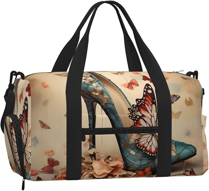 Sports Gym Bag Retro Art Butterfly Floral High Heel Travel Duffel Bag With Shoe Compartment Shoulder Strap, Lightweight Water-Resistant Weekend Overnight Totes For Women Men