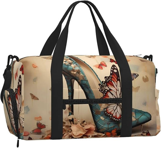 Sports Gym Bag Retro Art Butterfly Floral High Heel Travel Duffel Bag With Shoe Compartment Shoulder Strap, Lightweight Water-Resistant Weekend Overnight Totes For Women Men
