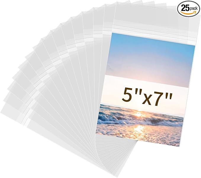 5x7 Photo Sleeves - Acid Free 1.57 mil (Single Side) Thick Heavy Duty 5x7 Cellophane Bags Self Adhesive Crystal Clear Plastic Sleeves for Photo Paper Cardstock, 25 Pack