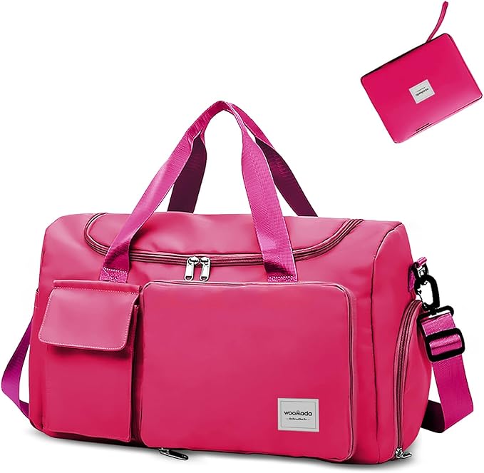 WOOMADA Foldable Travel Duffel Bag with Shoes Compartment, Overnight Bag with Wet Pocket & Trolley Sleeve, Weekender Bags for Women(A-rose red)