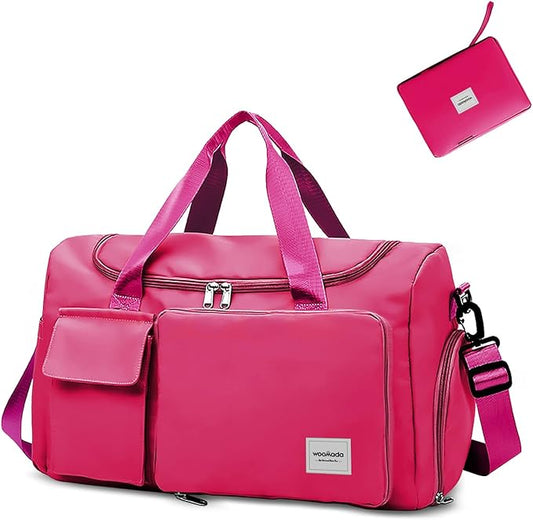 WOOMADA Foldable Travel Duffel Bag with Shoes Compartment, Overnight Bag with Wet Pocket & Trolley Sleeve, Weekender Bags for Women(A-rose red)