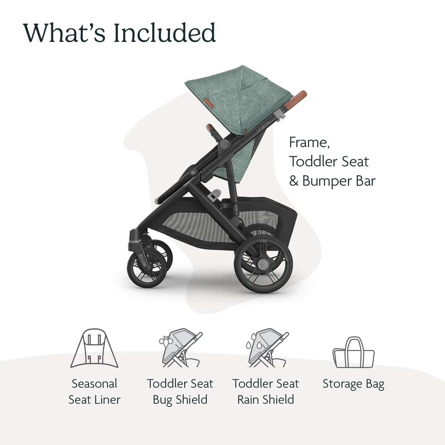 UPPAbaby Vista V3 Stroller - Full-Size Single-to-Double Stroller System - Toddler Seat, Bug Shield, Rain Shield, and Storage Bag Included - Gwen (Green Mélange/Carbon Frame/Saddle Leather)