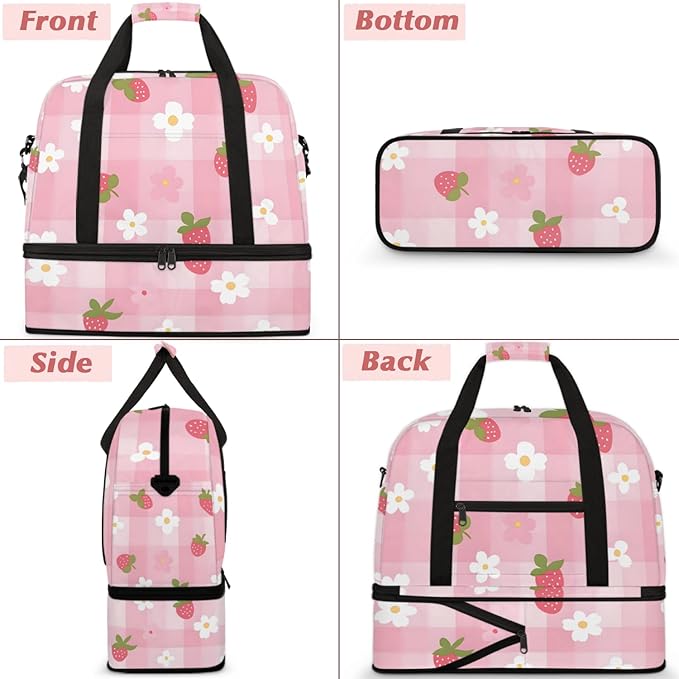 Fruit Strawberry Sports Gym Duffel Bag for Men Women Buffalo Check Floral with Shoe Compartment Weekender Overnight Bags Travel Bag Carry on Backpack for Swim Fitness Workout