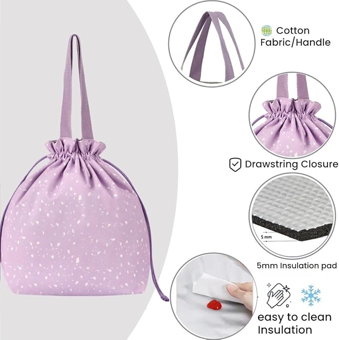 Reusable Small Lunch Bag,Drawstring Lunch Bag,Insulated Handbag Tote bag with Handle (Purple)
