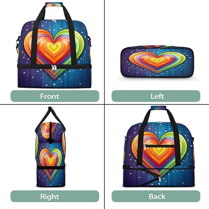 Rainbow Blue Abstract Heart Large Weekender Bag with Shoe Compartment Travel Duffel Bags for Women Carry On Hospital Overnight Bag Foldable Personal Item Travel Bags Tote Gym Sports Airplanes