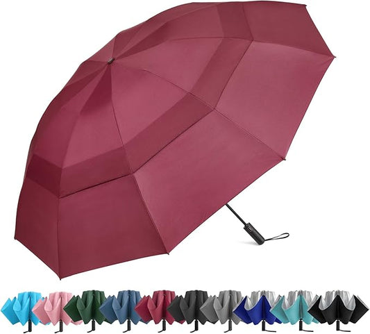 G4Free 42 Inch Inverted Compact Golf Umbrella for Rain Reverse Travel Umbrella 10 Ribs Windproof Portable Double Canopy Automatic Open Close for Women(Burgendy)