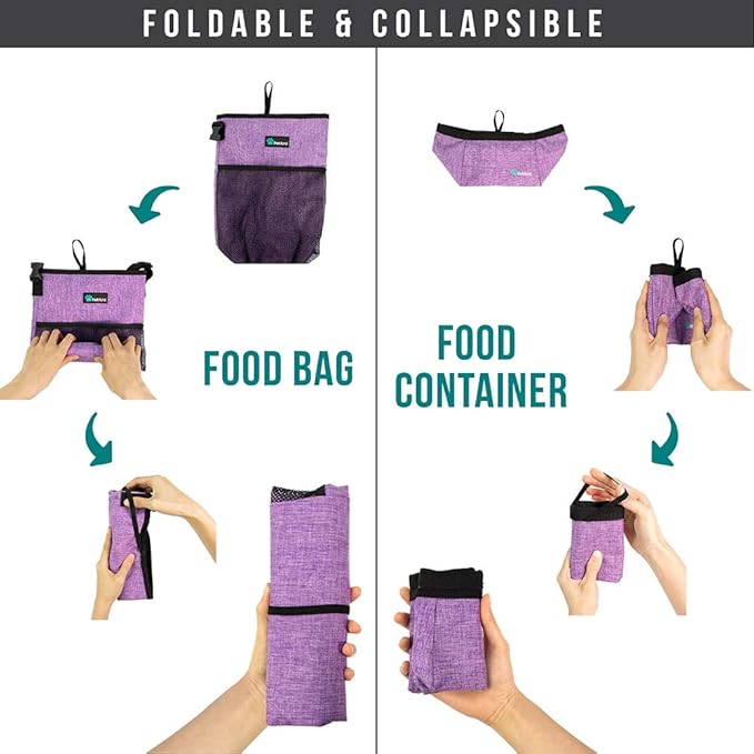 PetAmi Travel Dog Food & Water Bowls Set, Collapsible Dog Kibble Bag, Cat-Friendly, Foldable Waterproof Camping Bowls for Hiking, Purple & Gray