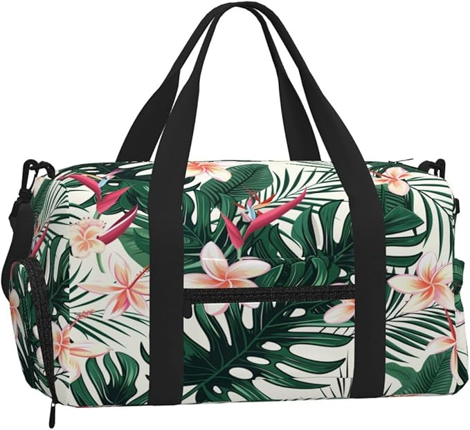 Sports Gym Bag Tropical Leaves Flowers Spring Travel Duffel Bag With Shoe Compartment Shoulder Strap, Lightweight Water-Resistant Weekend Overnight Totes For Women Men
