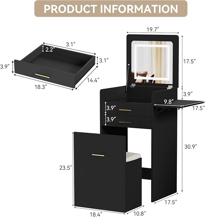 ARTETHYS Small Vanity Desk Set with Flip-top Mirror and Lights Black Integrated 3 in 1 Makeup Vanities Set for Tiny Space Compact Mini Dressing Table with Fold-up Panel and Storage Chair for Bedroom