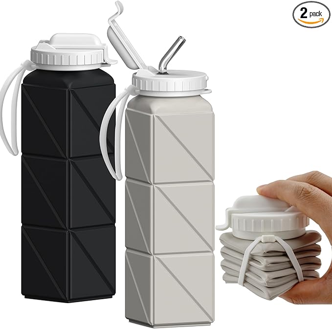 Collapsible Water Bottles with Straw 20.6oz, Silicone Foldable Portable Water Bottle, BPA-Free, Leakproof Reusable for Travel Camping Hiking Cycling Yoga Sports, 2 Pack (Black+Starlight)