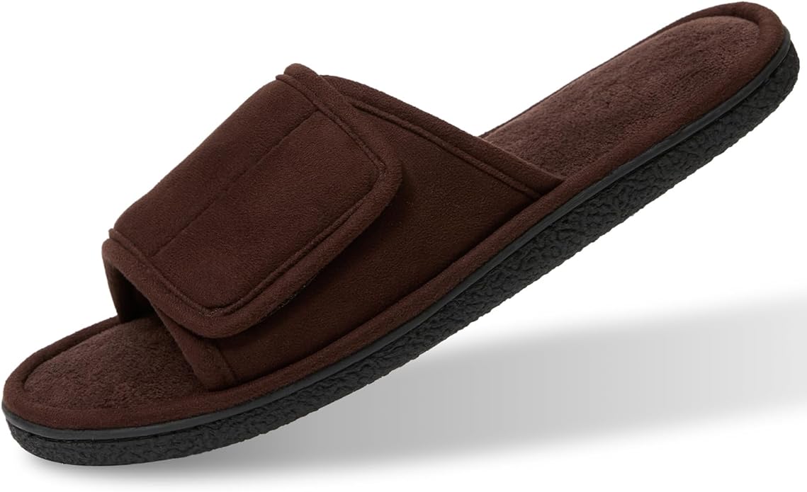 WALKFUN Men's Open Toe Slippers Adjustable Slip-on Memory Foam Indoor Slippers for Men Non Slip Outsole