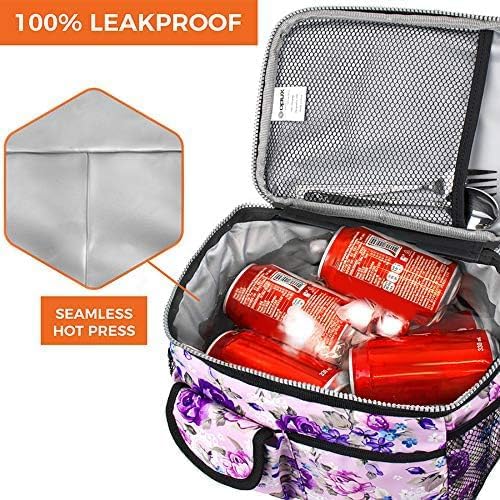 opux Lunch Bag Women Insulated, Adult Lunch Box Cooler, Flower Lunch Box, Dual Compartment Lunchbox for Work, Leakproof Double Decker Lunch Bag, Soft Lunch Pail Tote Girls Kids School, Floral Purple