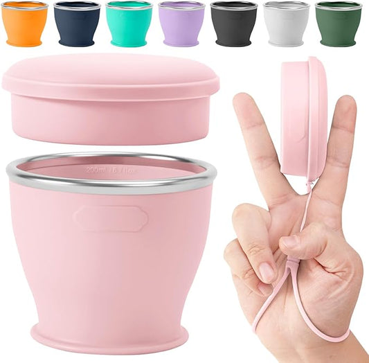 Collapsible Travel Cup, BPA-Free Reusable Water Cup, Lightweight Drinking Cups with Lids and Carrying Strap, Dishwasher Safe Silicone Cups for Camping, Travel, Airports, Hotel (6.7oz, Pink)