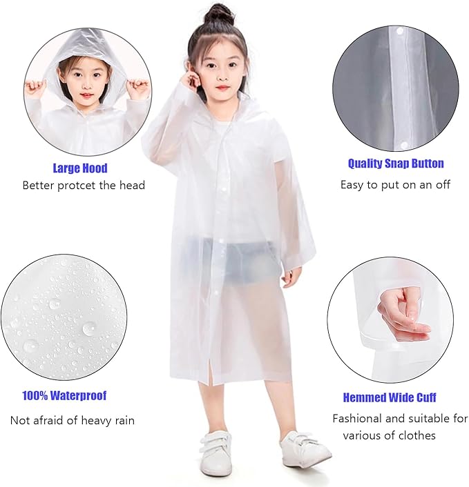 Rain Ponchos for Kids, 2 Pack Reusable Raincoats Jackets with Hoods and Sleeves Lightweight for Girls Boys