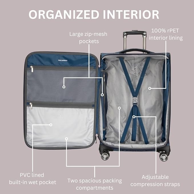 Ricardo Beverly Hills Avalon Softside 2-Piece Luggage Set Made with Sustainable 100% rPET, Lightweight, Eco-Friendly Travel, Expandable, Dual Spinner Wheels, Serengeti Night, (20" & 28")