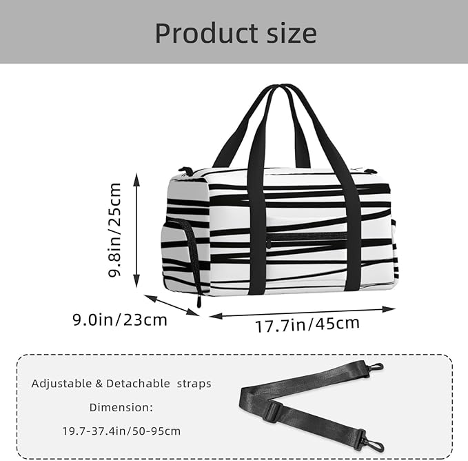 Modern Black White Lines Abstract Women'S Gym Duffle Bag With Shoes Compartment, Ideal For Travel, Gym, Sports, Duffel, Weekender