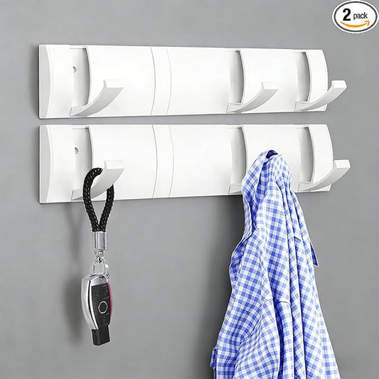 Folding Coat Hooks, Wall Mounted Coat Rack with 8 Retractable Hooks, Heavy Duty Towel Rack for Bathroom Wall Hook for Hanging Clothes Bathrobe, Stainless Steel Coat Hanger for Entryway(White)