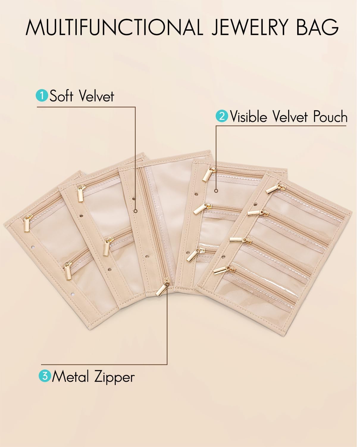 Vlando Jewelry Box for Girls Women,5 Pcs Jewelry Bags,Display Portability Jewelry Pouch Storage for Gem Diamond Necklaces Rings Earrings Bracelets