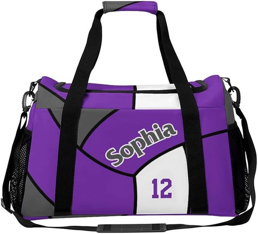 Custom Volleyball Purple Duffel Bag with Name Personalized Travel Bags Sport Gym Bag Carry On Weekender Bags for Men Women