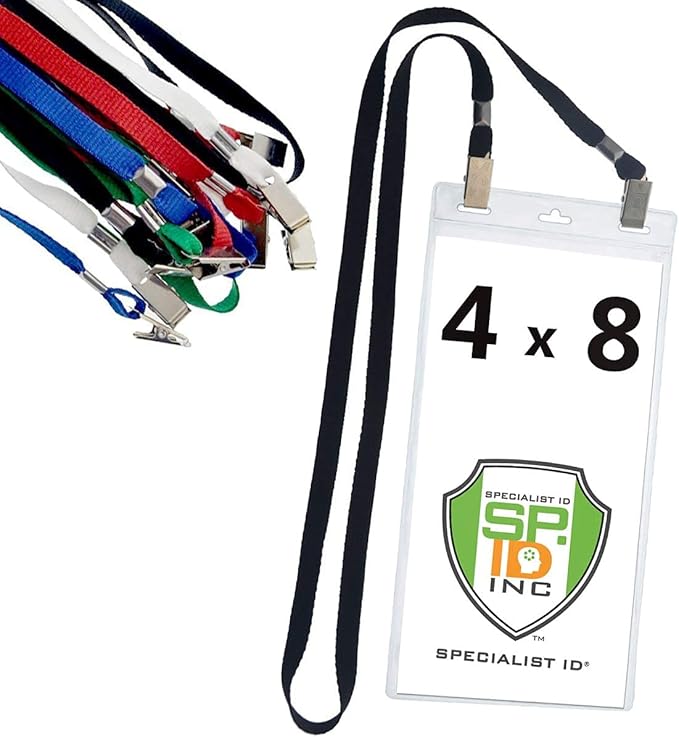 Bulk 25 Pack - 4 x 8 Inch Extra Large Ticket & Event Credential Badge Holders with Double Sided Lanyards with Two Bulldog Clips, by Specialist ID (Assorted Colors)