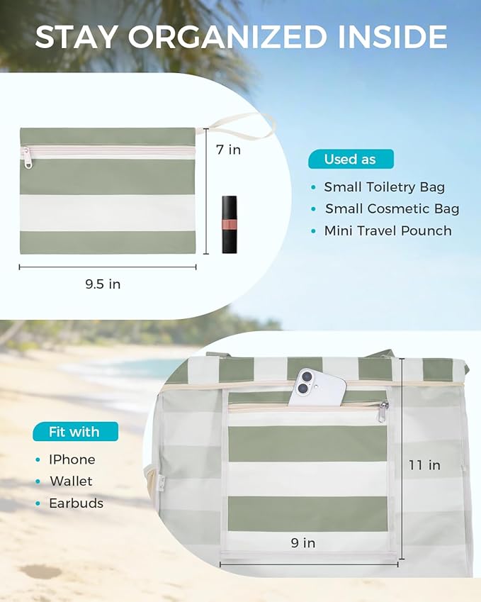WANDF Beach Bags for Women, Large Waterproof Sandproof Beach Tote Bag with Zipper Family Pool Bags with 40oz Tumbler Pocket, Swim Cruise Vacation Essentials (Green) | 40oz Tumbler Pocket