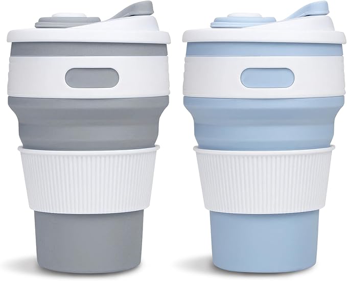 2-Pack Collapsible Coffee Cup Reusable – 12oz Leakproof Travel Coffee Mug, Silicone, Foldable & Portable for Hiking, Camping, Office | Lightweight, Heat-Resistant, Easy to Clean, Outdoor & Travel Cup