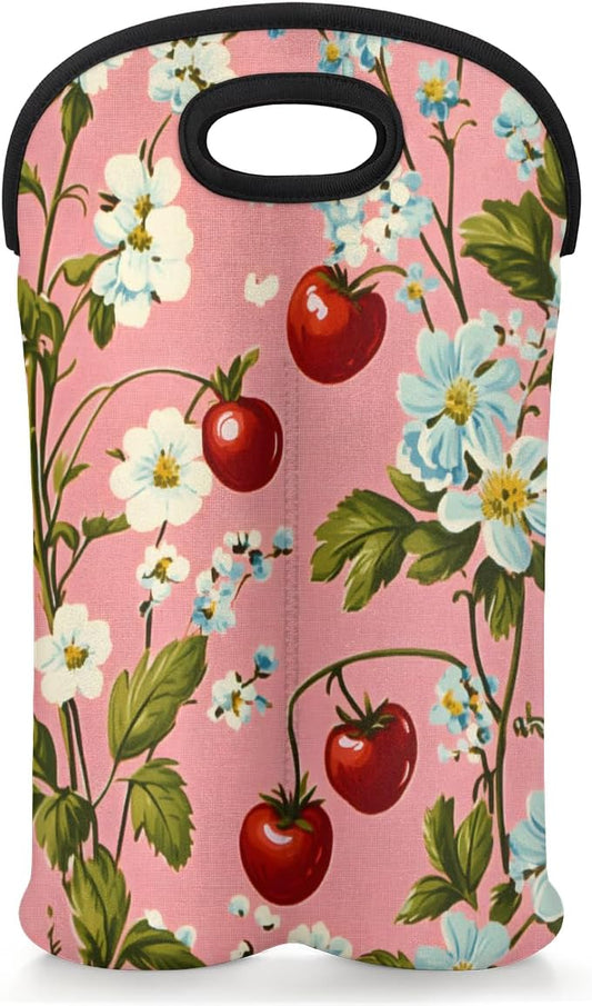 Neoprene Wine Tote, Bottle Carrier Gag Insulating Neoprene Thicker, Insulated Wine Bag for Travel Holds Two Bottles, Bottle Carrier Bags Protect the Bottles, Flower Cherry