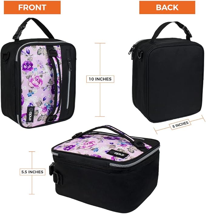 opux Insulated Lunch Box for Men Women Adult, Compact Lunch Bag for Kids Boy Girl Teen, Soft Lunch Cooler Bag for Work School, Leakproof Lunchbox Lunch Pail with Clip-on Buckle, Purple Flowers