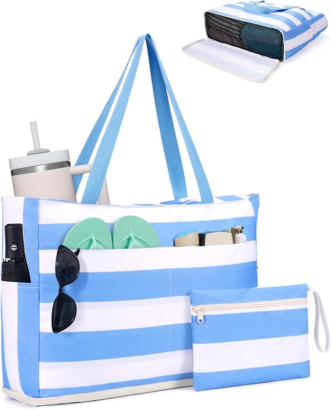 WANDF Beach Bags for Women, Large Waterproof Sandproof Beach Tote Bag with Zipper Family Pool Bags with 40oz Tumbler Pocket, Swim Cruise Vacation Essentials (Blue) | 40oz Tumbler Pocket